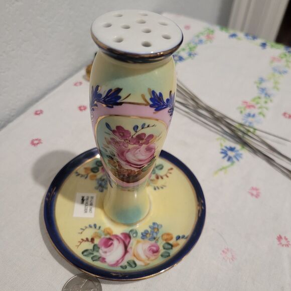 Antique Limoges Porcelain Hat Pin Holder W/ Trinket Dish Gold Trim France Floral - Picture 5 of 12